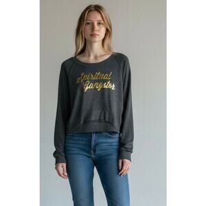 Spiritual Gangster Gray Gold Graphic Cropped Sweatshirt Size Large NWOT